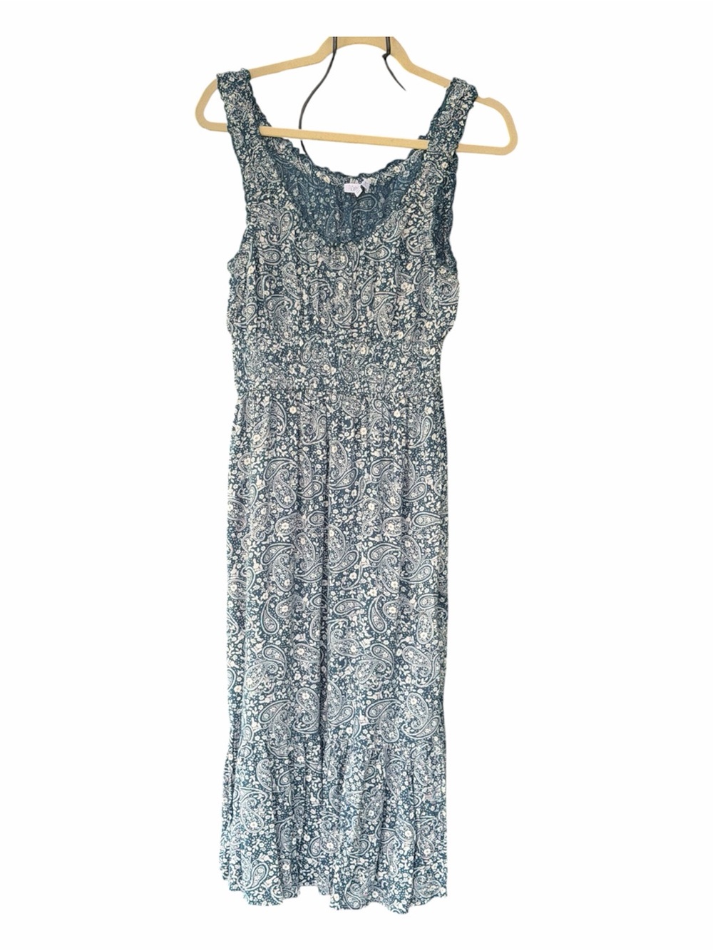 Patrons of Peace Teal Paisley Lace-Trim Maxi Dress- medium -elastic waist/straps
